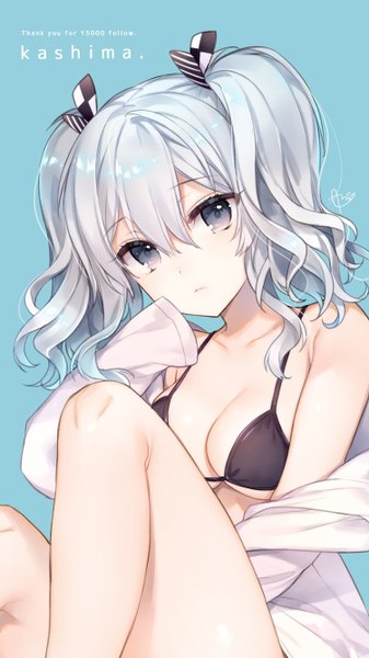 Anime picture 750x1334 with kantai collection kashima training cruiser kaguyuzu single long hair tall image looking at viewer fringe breasts light erotic simple background hair between eyes sitting twintails silver hair open clothes grey eyes character names text english