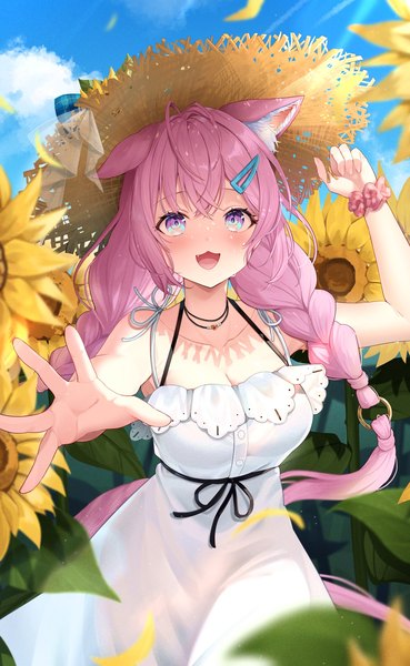 Anime picture 1337x2174 with virtual youtuber hololive hakui koyori usushio single long hair tall image looking at viewer fringe breasts open mouth smile large breasts bare shoulders animal ears pink hair sky cleavage cloud (clouds) tail