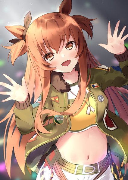 Anime picture 2507x3541 with umamusume mayano top gun (umamusume) mikami hotaka single long hair tall image looking at viewer blush fringe highres open mouth hair between eyes brown hair brown eyes animal ears :d arms up open jacket midriff two side up