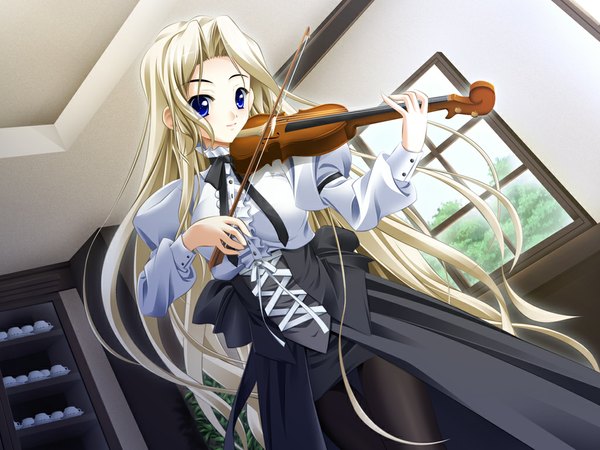 Anime picture 1024x768 with argenteumastrum single long hair blue eyes blonde hair girl dress window violin bow (instrument)