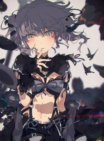 Anime picture 2981x4031 with original ogipote single tall image looking at viewer fringe highres short hair breasts hair between eyes yellow eyes nail polish parted lips grey hair bare belly hair bun (hair buns) depth of field floating hair finger to mouth slit pupils