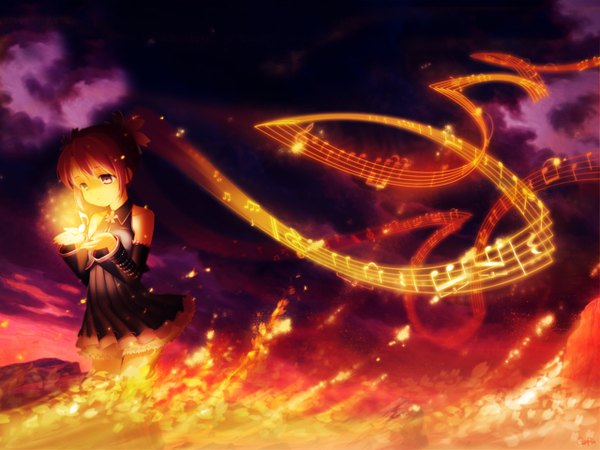 Anime picture 1280x960 with vocaloid hatsune miku diaboliku (artist) single red eyes twintails bare shoulders cloud (clouds) night music girl dress detached sleeves petals fire