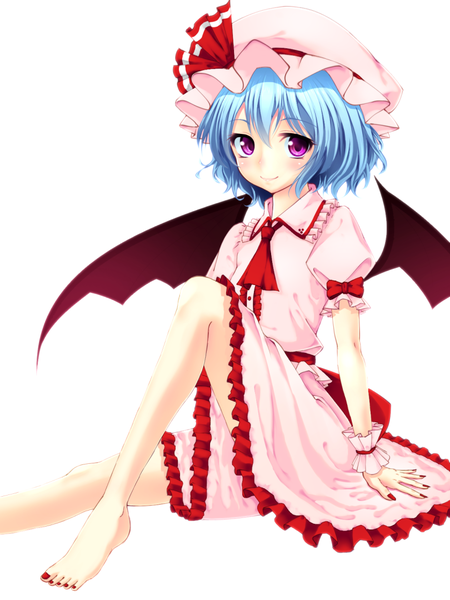 Anime picture 810x1080 with touhou remilia scarlet junior27016 single tall image looking at viewer blush short hair simple background white background purple eyes blue hair barefoot legs girl dress skirt bow wings bonnet