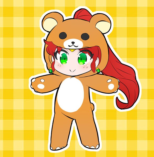 Anime picture 1173x1200 with rwby rooster teeth pyrrha nikos iesupa single long hair tall image simple background smile green eyes ponytail red hair chibi yellow background plaid outline :> plaid background girl earrings