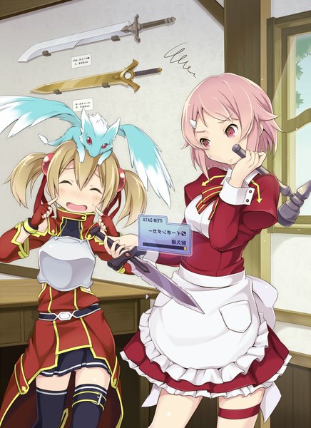 Anime picture 1311x1801 with sword art online a-1 pictures silica lisbeth furumiya haiji tall image short hair blonde hair twintails multiple girls pink hair pink eyes short twintails girl dress weapon 2 girls sword apron knife