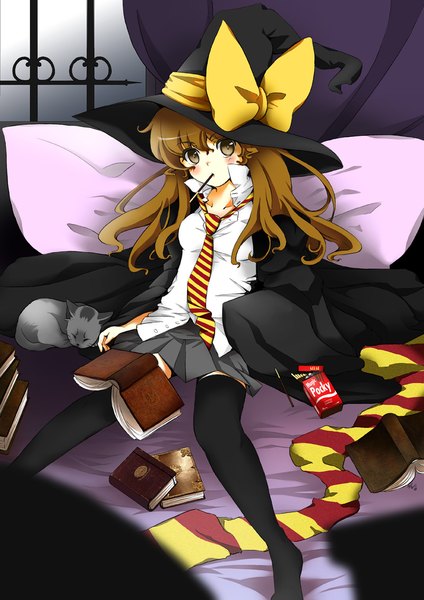 Anime picture 802x1134 with harry potter hermione granger ninamo single long hair tall image blush fringe hair between eyes brown hair sitting holding brown eyes looking away pleated skirt mouth hold open collar girl thighhighs skirt