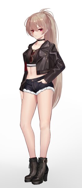 Anime picture 883x2000 with azur lane jean bart (azur lane) eternity (shadeh) single long hair tall image looking at viewer blush fringe simple background hair between eyes red eyes brown hair standing white background full body ponytail long sleeves open jacket bare belly