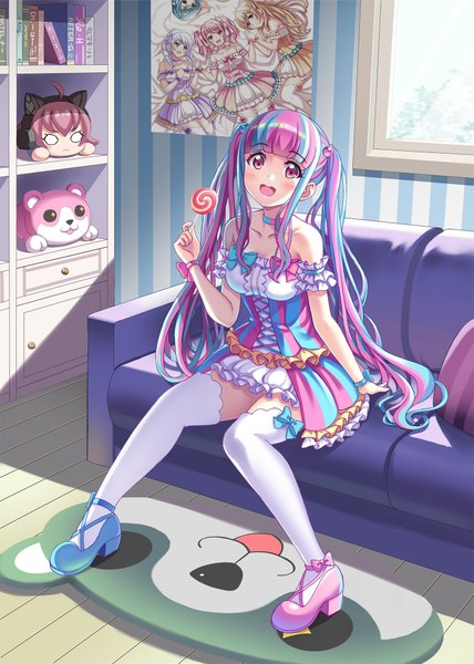 Anime picture 1427x2000 with bang dream! maruyama aya shirasagi chisato hikawa hina michelle (bang dream!) wakamiya eve chu2 (bang dream!) pareo (bang dream!) kenkou toshikou single long hair tall image looking at viewer blush fringe breasts open mouth smile sitting purple eyes