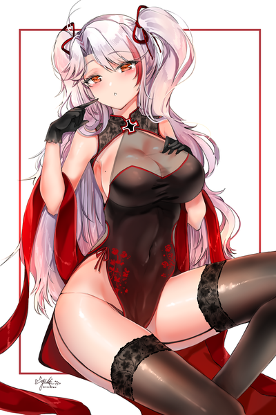 Anime picture 2000x3000 with azur lane prinz eugen (azur lane) yukineko1018 single long hair tall image looking at viewer blush fringe highres breasts light erotic simple background hair between eyes large breasts white background sitting bare shoulders signed silver hair