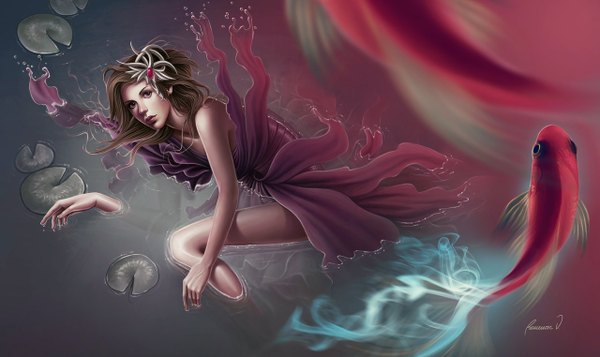 イラスト 1280x762 と オリジナル valentina remenar ソロ 茶色の髪 wide image 茶目 lips fantasy 女の子 ドレス 髪飾り 水 魚