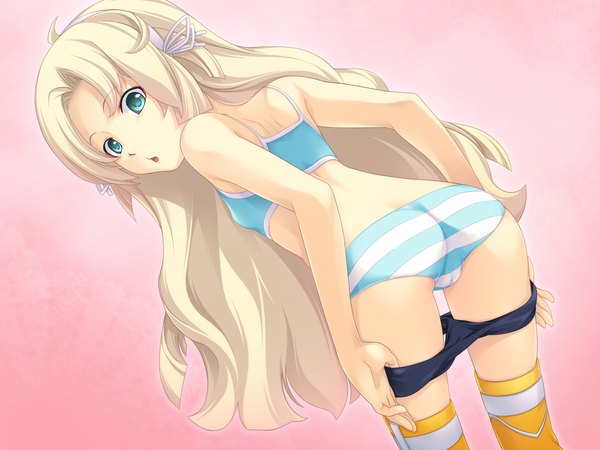 Anime picture 1600x1200 with long hair light erotic blonde hair game cg aqua eyes from behind underwear only undressing girl thighhighs underwear panties