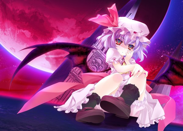Anime picture 1500x1078 with touhou remilia scarlet short hair white hair bat wings red moon girl hat wings moon full moon