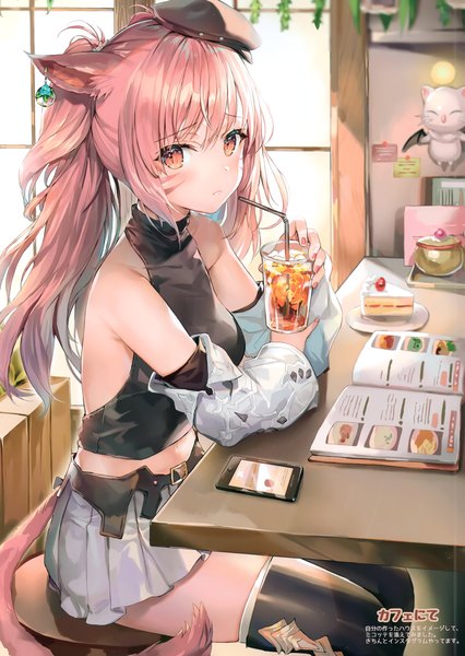 Anime picture 2096x2954 with final fantasy final fantasy xiv square enix miqo'te moogle momoko (momopoco) single long hair tall image looking at viewer blush fringe highres hair between eyes sitting twintails bare shoulders holding animal ears payot