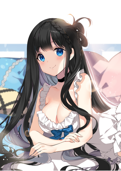 Anime picture 1000x1411 with original roh nam kyung single long hair tall image looking at viewer blush fringe breasts blue eyes light erotic black hair smile large breasts sleeveless shaded face reclining girl dress choker