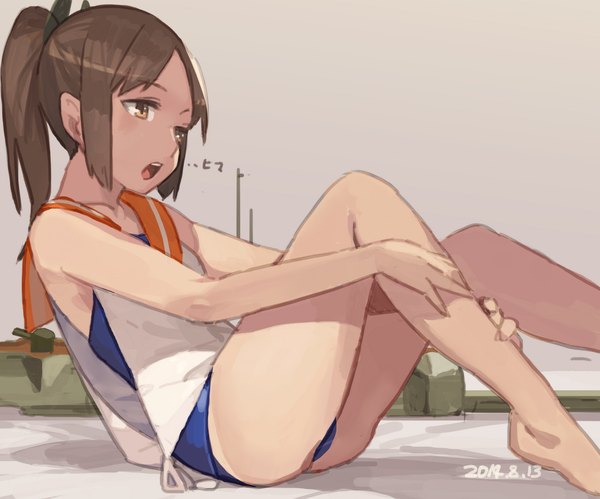 Anime picture 1024x852 with kantai collection i-401 aircraft carrying submarine toro single long hair fringe open mouth light erotic brown hair sitting brown eyes looking away bent knee (knees) ponytail barefoot bare legs legs girl swimsuit one-piece swimsuit