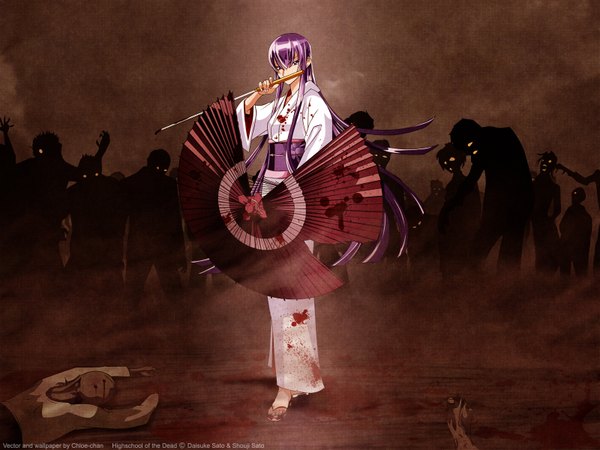 Anime picture 1600x1200 with highschool of the dead madhouse busujima saeko purple hair japanese clothes zombie weapon blood