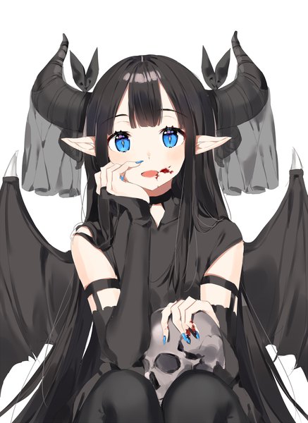 Anime picture 1200x1644 with original ongyageum single tall image looking at viewer blush fringe open mouth blue eyes black hair simple background smile white background sitting payot blunt bangs very long hair nail polish :d horn (horns)