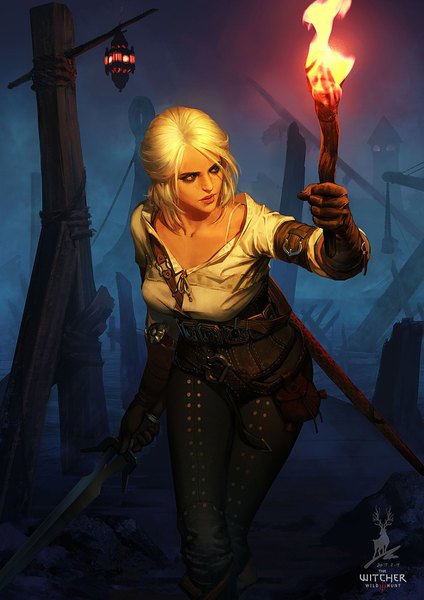 Anime picture 1414x2000 with the witcher the witcher 3 wild hunt ciri feihong chen single tall image short hair green eyes looking away white hair lips leaning leaning forward freckles girl gloves weapon sword clothes torch