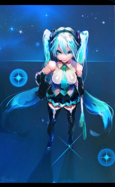 Anime picture 1472x2387 with vocaloid hatsune miku nanase miri single tall image looking at viewer smile twintails bare shoulders signed very long hair aqua eyes from above aqua hair hand on hip girl detached sleeves necktie thigh boots vegetables