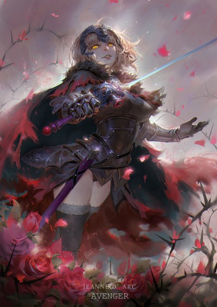 Anime picture 1086x1535 with fate (series) fate/grand order jeanne d'arc (fate) (all) jeanne d'arc alter (fate) qmo (chalsoma) single tall image looking at viewer fringe short hair breasts light erotic blonde hair standing holding yellow eyes ahoge parted lips character names fur trim