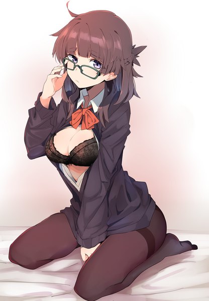 Anime-Bild 2238x3223 mit original kazenoko single long hair tall image looking at viewer fringe highres light erotic simple background brown hair sitting purple eyes cleavage braid (braids) no shoes black background cleavage cutout between legs seiza