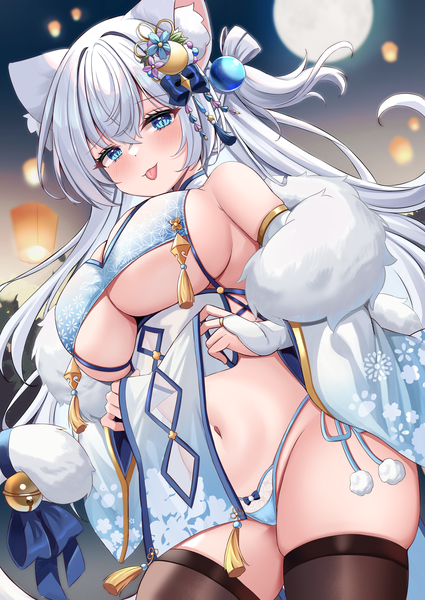Anime picture 4299x6071 with original kurashina yuzuki single long hair tall image looking at viewer blush fringe highres breasts blue eyes light erotic hair between eyes standing animal ears absurdres sky outdoors tail traditional clothes