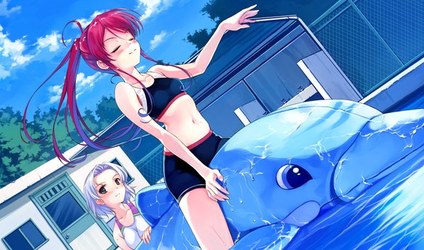 Anime picture 2048x1210 with suiheisen made nan mile? miyamae tomoka hanami mariya misaki kurehito highres wide image multiple girls girl 2 girls swimsuit