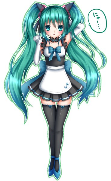 Anime picture 1100x1785 with vocaloid hatsune miku shitou long hair tall image blush simple background white background twintails aqua eyes aqua hair maid loli girl thighhighs gloves black thighhighs elbow gloves