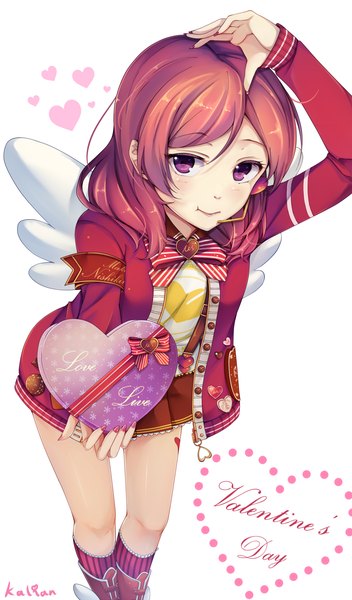 Anime picture 800x1360 with love live! school idol project sunrise (studio) love live! nishikino maki kalian single tall image looking at viewer blush short hair smile standing holding pink hair nail polish pleated skirt pink eyes fingernails inscription open clothes