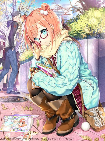 Anime picture 750x1000 with furyou michi ~gang road~ original cocoon (loveririn) tall image looking at viewer short hair blue eyes pink hair squat girl boy plant (plants) tree (trees) glasses boots scarf leaf (leaves) sweater bag