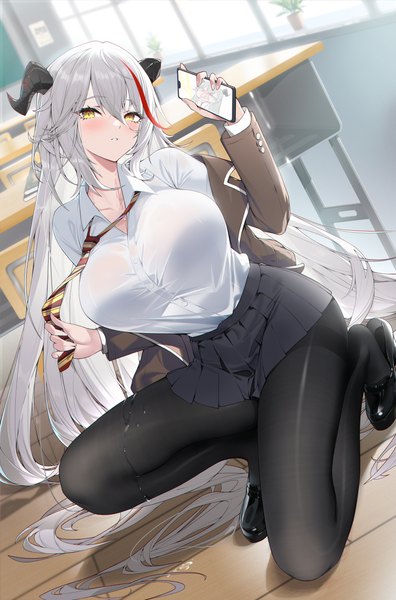 Anime picture 1662x2518 with azur lane aegir (azur lane) calder single tall image looking at viewer blush fringe breasts light erotic large breasts white background yellow eyes silver hair full body long sleeves very long hair parted lips pleated skirt multicolored hair