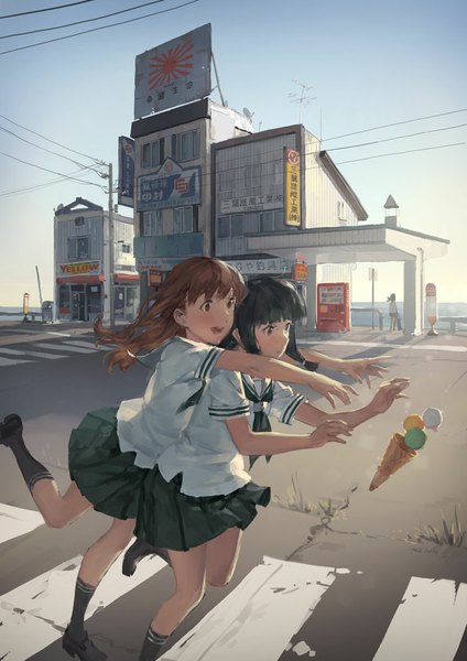 Anime picture 744x1052 with kantai collection kitakami light cruiser ooi light cruiser hjl long hair tall image blush black hair brown hair multiple girls hug hug from behind crosswalk girl skirt uniform 2 girls miniskirt socks serafuku