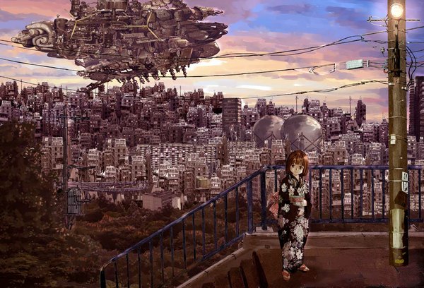 Anime picture 1100x748 with original kato fumitaka single looking at viewer fringe short hair brown hair standing brown eyes sky cloud (clouds) traditional clothes japanese clothes city floral print cityscape mechanical girl plant (plants) tree (trees)