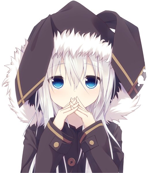 Anime picture 777x890 with original nagishiro mito single long hair tall image looking at viewer blush fringe blue eyes hair between eyes white background white hair fur trim covered mouth interlocked fingers girl fur hood buttons hoodie