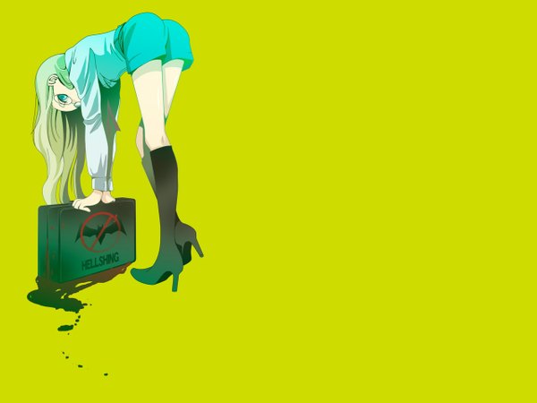 Anime picture 1280x960 with hellsing integra wingates hellsing solid&etc single long hair blue eyes simple background standing aqua eyes from behind high heels green background girl shirt glasses shorts blood bat suitcase