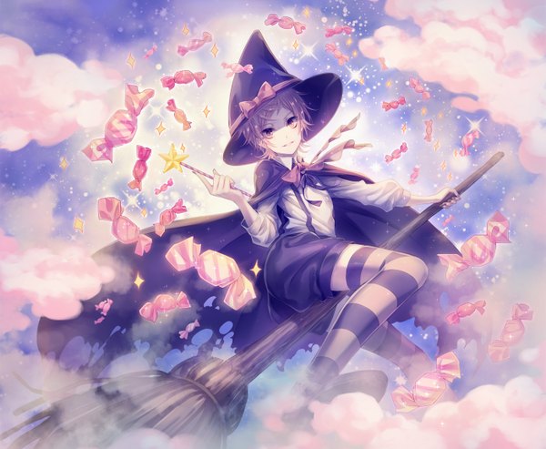 Anime picture 1400x1152 with k-project gohands (studio) misaki yata firasu single short hair pink hair sky cloud (clouds) pink eyes torn clothes magic thighhighs boy bow hat food sweets cape witch hat