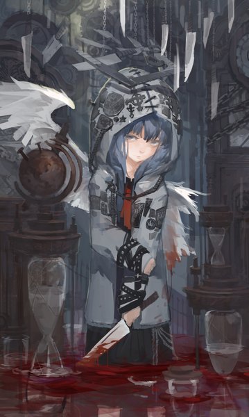Anime picture 1200x2004 with original rained (artist) single long hair tall image blue hair grey eyes girl wings hood blood chain knife scissors