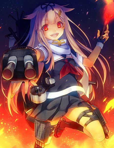 Anime picture 774x1000 with kantai collection yuudachi destroyer nama2e single long hair tall image looking at viewer open mouth red eyes brown hair remodel (kantai collection) girl skirt weapon socks black socks fire sailor suit
