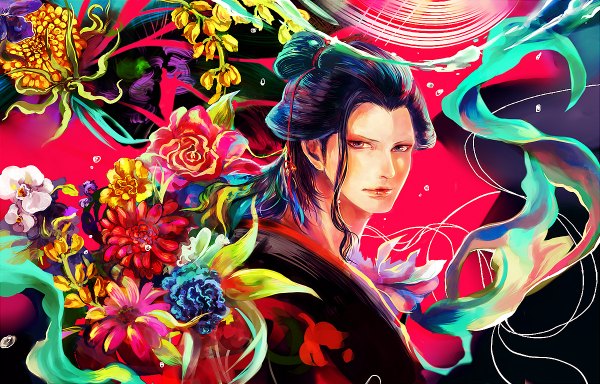 Аниме картинка 1200x768 с ван пис toei animation izou (one piece) tsuyomaru один (одна) длинные волосы смотрит на зрителя голубые глаза чёрные волосы мужчина цветок (цветы) роза (розы) нить