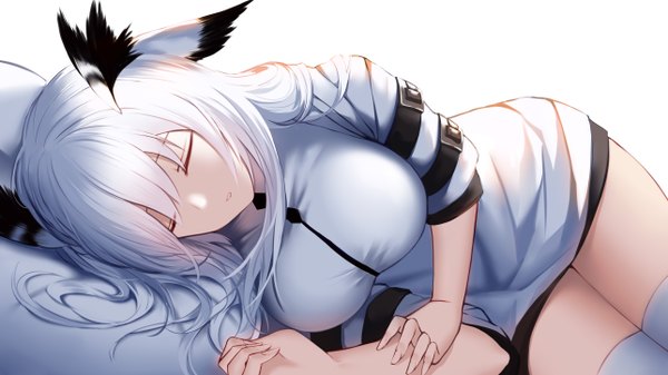 Anime picture 5150x2894 with arknights ptilopsis (arknights) an yasuri single long hair fringe highres breasts simple background wide image large breasts white background animal ears absurdres white hair lying eyes closed parted lips thighs on side