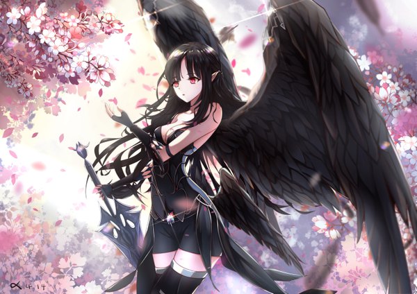 Anime picture 5787x4093 with king's raid aselica (king's raid) xianyujun sam single long hair fringe highres black hair red eyes standing holding looking away absurdres pointy ears sparkle outstretched arm angel wings black wings angel low wings