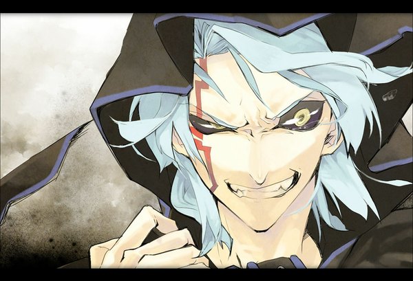 Anime picture 1024x699 with yu-gi-oh! kiryu kyosuke hibiki nino (artist) single yellow eyes silver hair teeth fang (fangs) tattoo grin boy hood