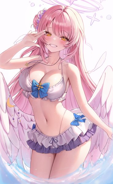 Anime picture 2225x3627 with blue archive mika (blue archive) ryu o single long hair tall image looking at viewer blush fringe highres breasts light erotic simple background smile large breasts standing white background yellow eyes pink hair cleavage