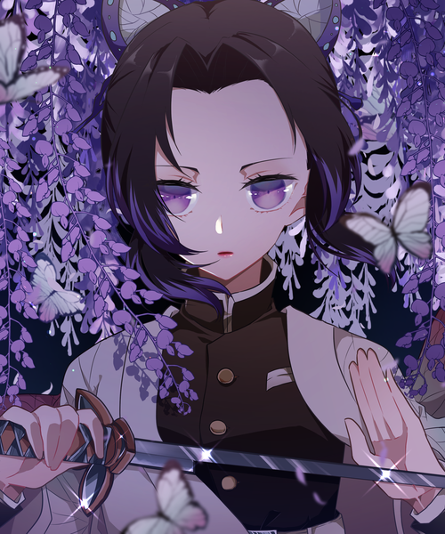 Anime picture 2500x3000 with kimetsu no yaiba ufotable kochou shinobu cherry anzu single tall image looking at viewer highres short hair black hair standing purple eyes holding payot upper body outdoors traditional clothes japanese clothes multicolored hair wind