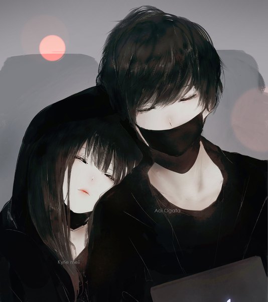 Anime picture 1082x1215 with original aoi ogata long hair tall image fringe short hair black hair simple background hair between eyes signed upper body blunt bangs eyes closed head tilt lips grey background character names sleeping ^ ^ girl