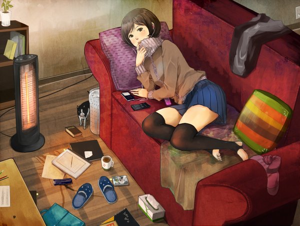 Anime picture 1778x1337 with original ipod shigureteki blush highres short hair open mouth brown hair brown eyes indoors lying barefoot mole mole under eye on side girl thighhighs skirt plant (plants) animal