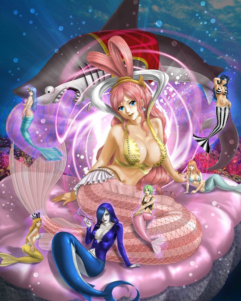 Anime picture 1280x1600 with one piece toei animation shirahoshi keimi ishilly megalo madame shirley mero (one piece) lulis kairen toten (artist) long hair tall image looking at viewer blush fringe breasts open mouth blue eyes light erotic