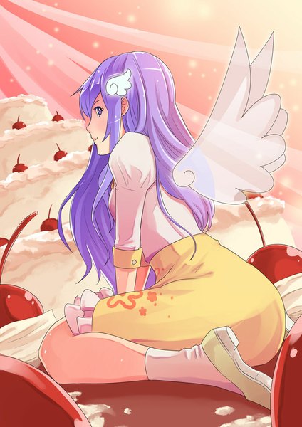Anime picture 827x1169 with dream-of-abell single tall image blush smile sitting purple eyes purple hair white hair girl skirt shirt wings food sweets berry (berries) cake cherry