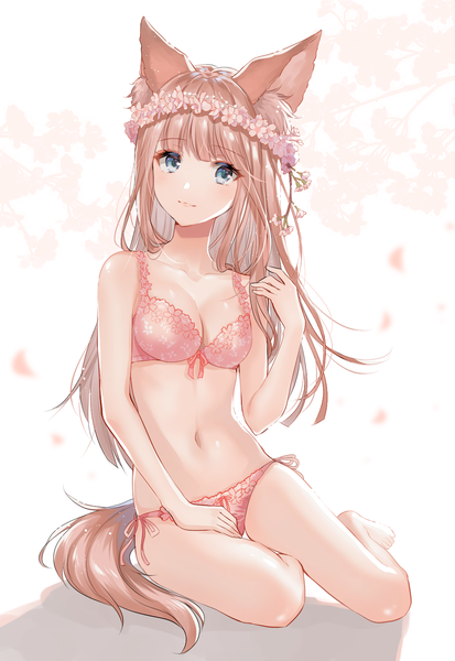 Anime picture 972x1410 with original myusha single long hair tall image blush fringe breasts blue eyes light erotic simple background brown hair white background sitting bare shoulders animal ears looking away cleavage full body tail