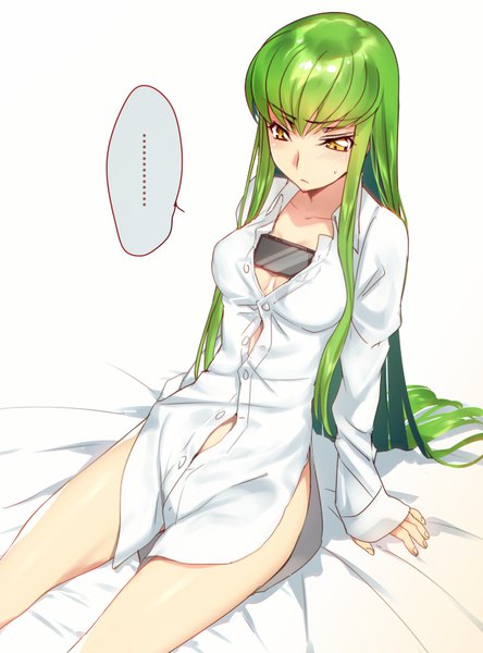 Anime picture 650x878 with code geass sunrise (studio) c.c. creayus single long hair tall image fringe breasts light erotic simple background white background sitting yellow eyes long sleeves green hair arm support bare legs sleeves past wrists looking down